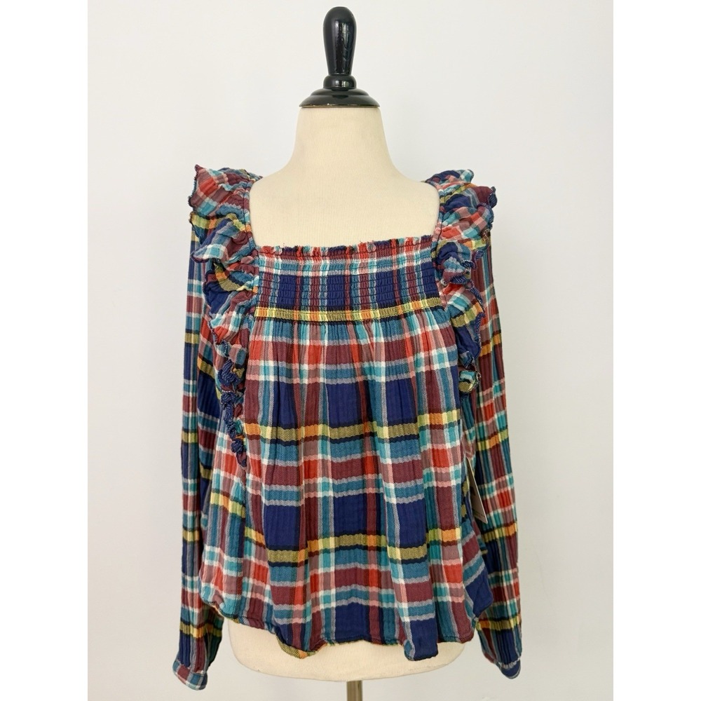 We the FREE PEOPLE New Siena Plaid Pullover TOP Small Babydoll Teal Country $118 - Picture 2 of 16